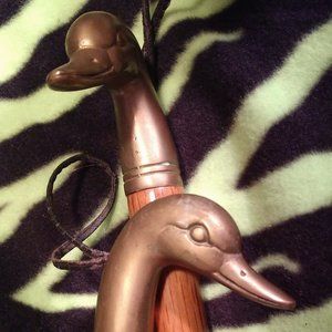 Vintage hanging brass & wood shoe horn/brush set